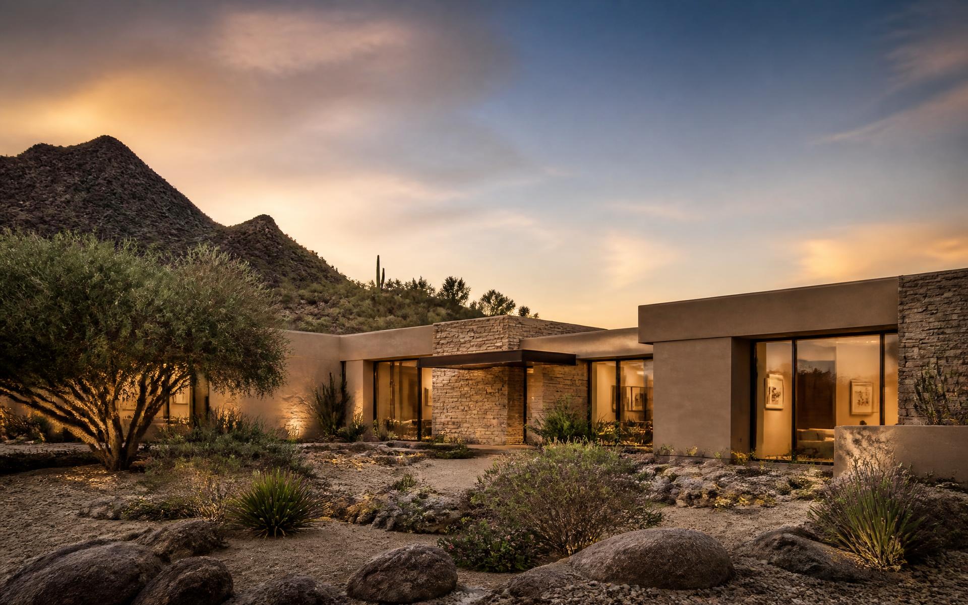 Contemporary luxury desert home at dusk in the Phoenix metro area